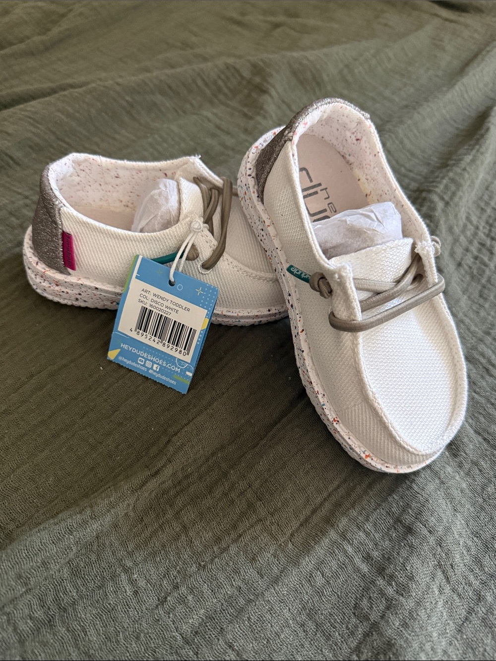 Hey Dude Wendy Kids Disco White Canvas Sneakers with Gray Laces
